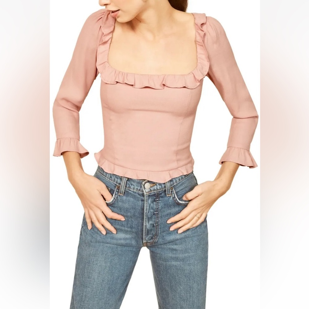 Reformation Blush Pink Square Neck Ruffle Trim BARB Blouse
